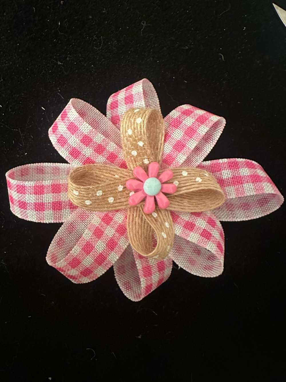 Handmade Pink Gingham & Jute Flower Hair Clip